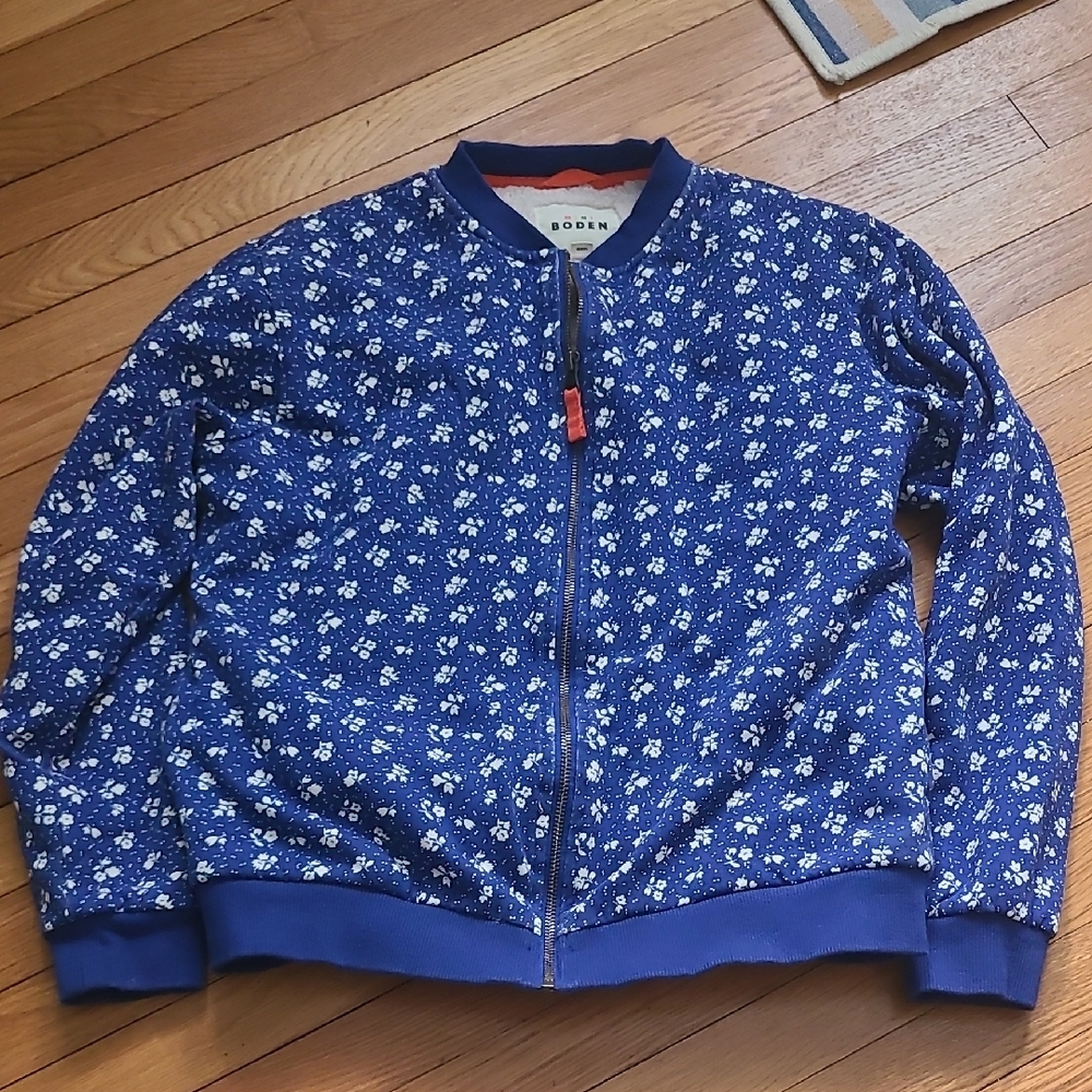 Mini Boden Navy Floral Faux Sherpa Bomber Jacket